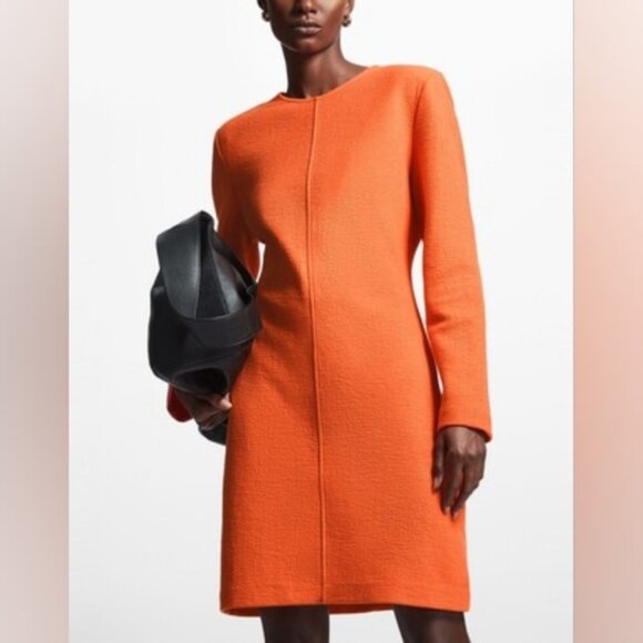 New COS Orange Cotton Wool Padded Shoulder Dress XS - Picture 2 of 9
